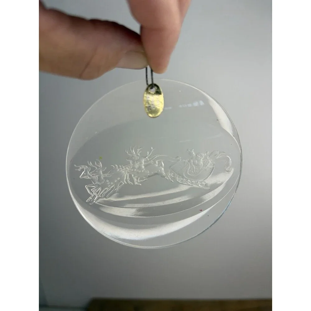 1977 Santa & His Sleigh Amsun Glass Christmas Ornament & Angel Engraved Vintage